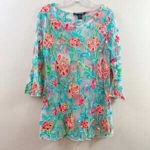 T&W Designs Floral Sheer Embroidered Bell Sleeve Pink/Blue Top